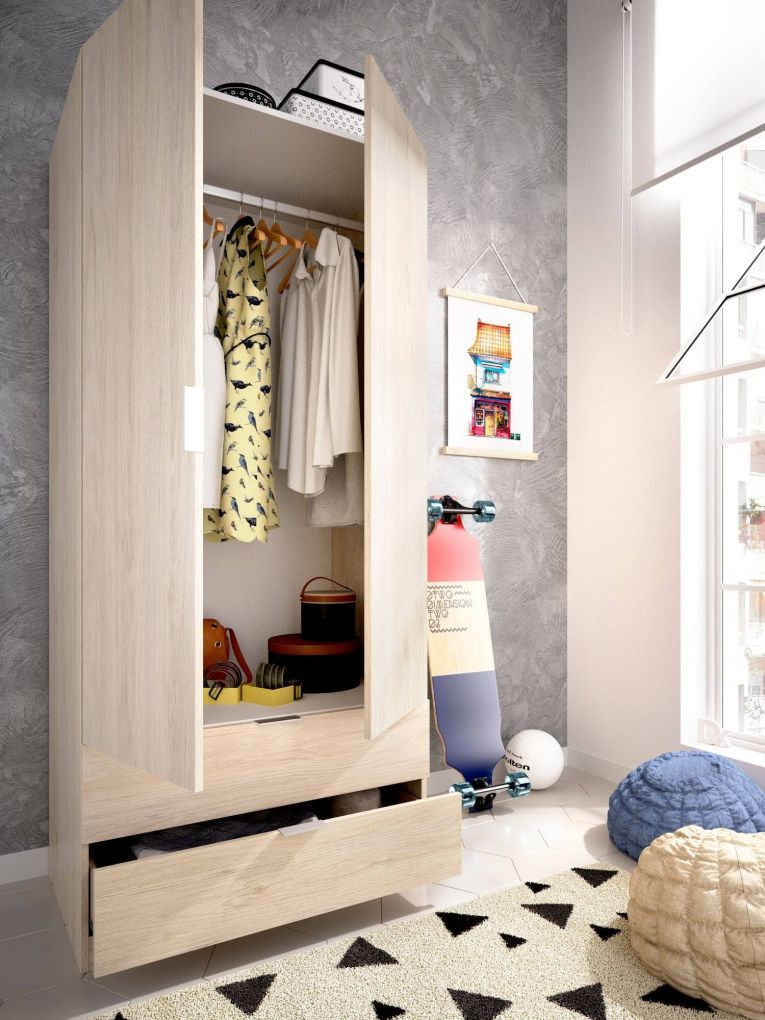 Guardaroba Pisanino, Mobile appendiabiti per camera da letto, Armadio a 2 ante battenti e 2 cassetti, 81x52h184 cm, Rovere