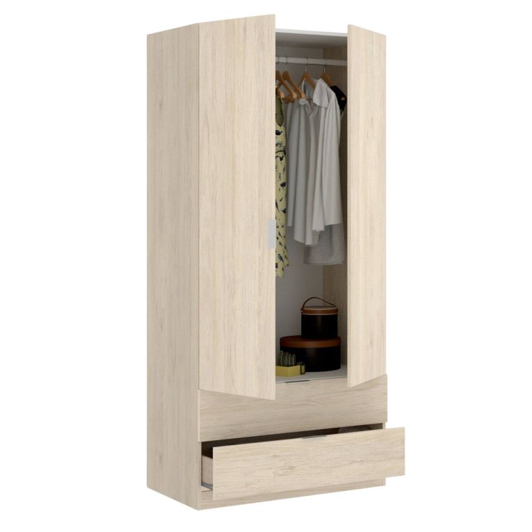 Guardaroba Pisanino, Mobile appendiabiti per camera da letto, Armadio a 2 ante battenti e 2 cassetti, 81x52h184 cm, Rovere