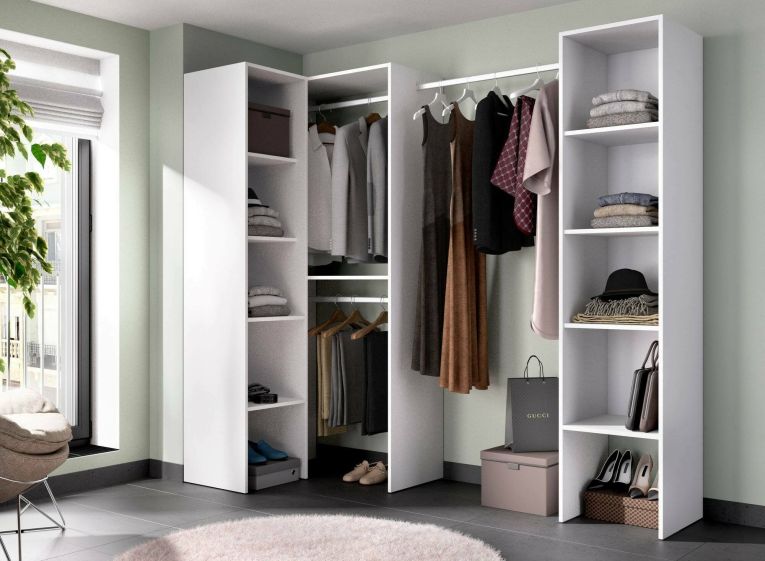 Guardaroba Plose, Struttura per cabina armadio angolare, Mobile appendiabiti aperto ad angolo, 226x79h186 cm, Bianco