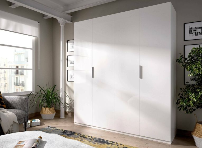 Guardaroba Prado, Mobile appendiabiti per camera da letto, Armadio a 4 ante battenti, 180x52h204 cm, Bianco lucido