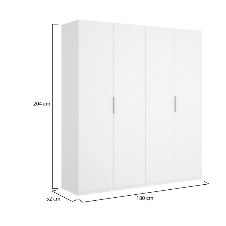 Guardaroba Prado, Mobile appendiabiti per camera da letto, Armadio a 4 ante battenti, 180x52h204 cm, Bianco lucido