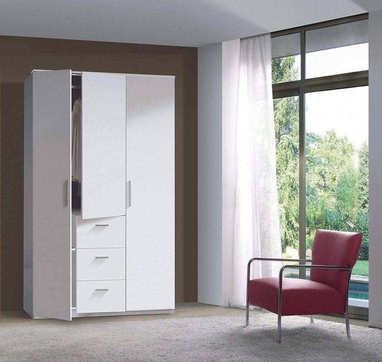 Guardaroba Providence, Armadio per camera da letto a 3 ante battenti, Mobile con barra appendiabiti e 3 ripiani, 117x52h203 cm, Bianco