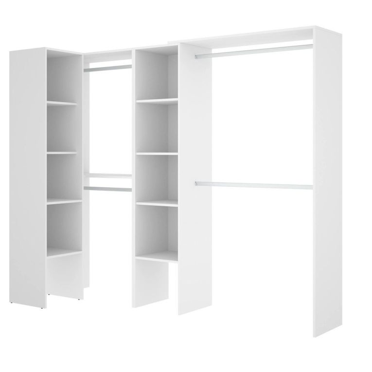 Guardaroba Quadro, Struttura per cabina armadio angolare, Mobile appendiabiti aperto ad angolo, 228x79h187 cm, Bianco
