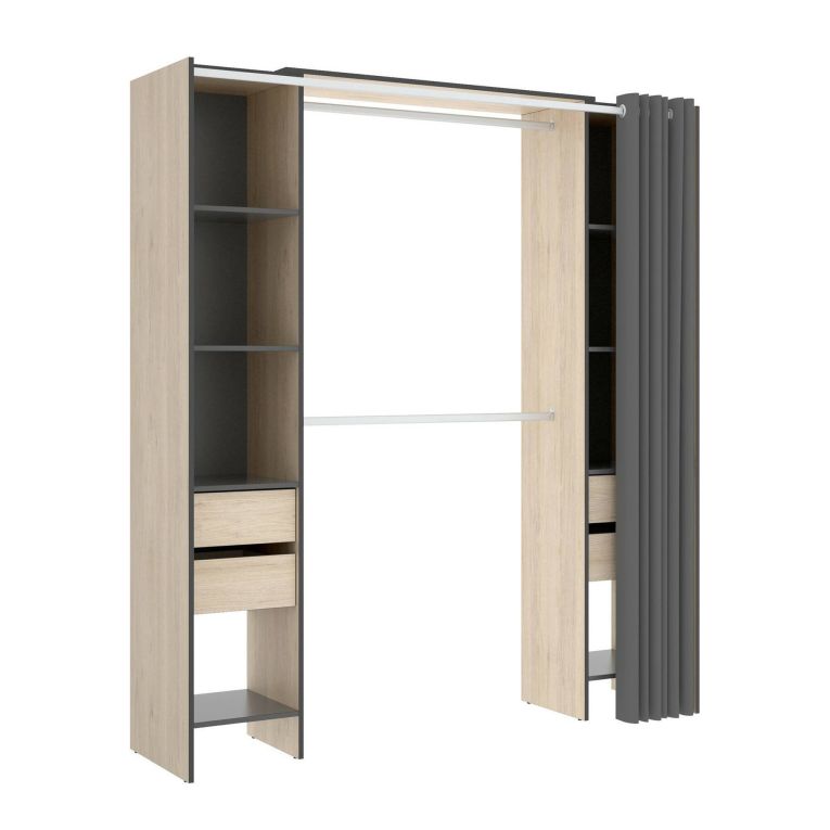 Guardaroba Resegone, Struttura per cabina armadio, Mobile appendiabiti aperto, 180x50h205 cm, Rovere e Antracite
