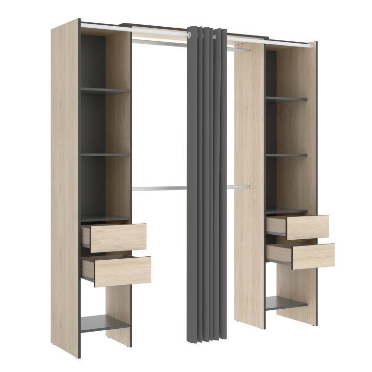 Guardaroba Resegone, Struttura per cabina armadio, Mobile appendiabiti aperto, 180x50h205 cm, Rovere e Antracite