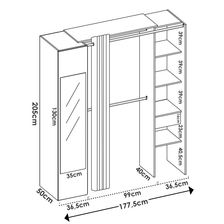 Guardaroba Rigi, Struttura per cabina armadio, Mobile appendiabiti aperto, 177x52h205 cm, Bianco e Antracite
