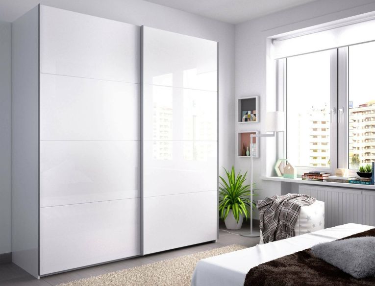 Guardaroba Saltoro, Mobile appendiabiti per camera da letto, Armadio a 2 ante scorrevoli, 180x65h204 cm, Bianco lucido