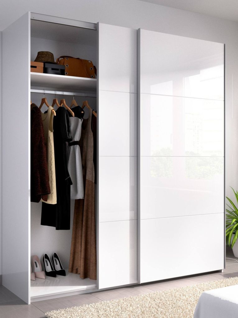 Guardaroba Saltoro, Mobile appendiabiti per camera da letto, Armadio a 2 ante scorrevoli, 180x65h204 cm, Bianco lucido