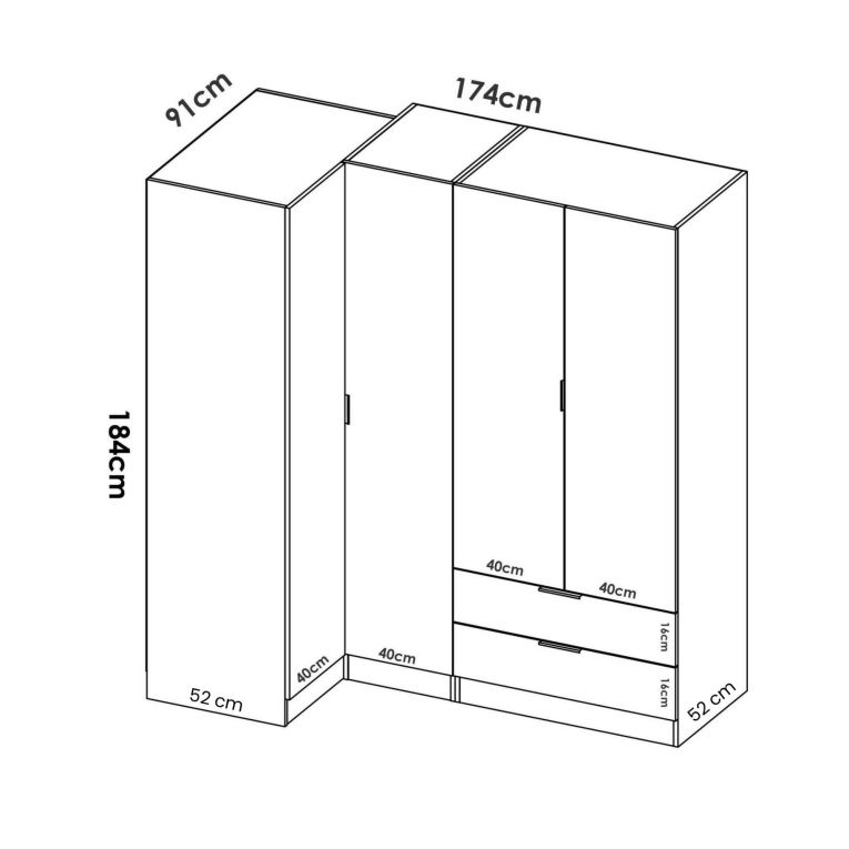 Guardaroba Sillara, Mobile angolare per camera da letto, Armadio appendiabiti ad angolo a 4 ante battenti, 174x91h184 cm, Rovere