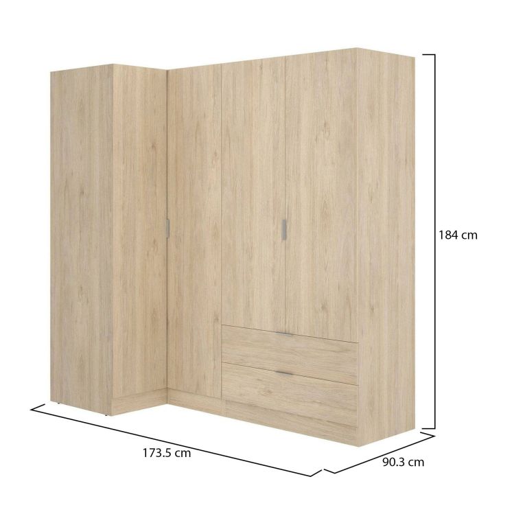 Guardaroba Sillara, Mobile angolare per camera da letto, Armadio appendiabiti ad angolo a 4 ante battenti, 174x91h184 cm, Rovere