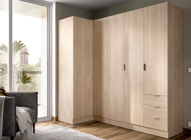 Guardaroba Succiso, Mobile angolare per camera da letto, Armadio appendiabiti ad angolo a 5 ante battenti, 214x91h184 cm, Rovere