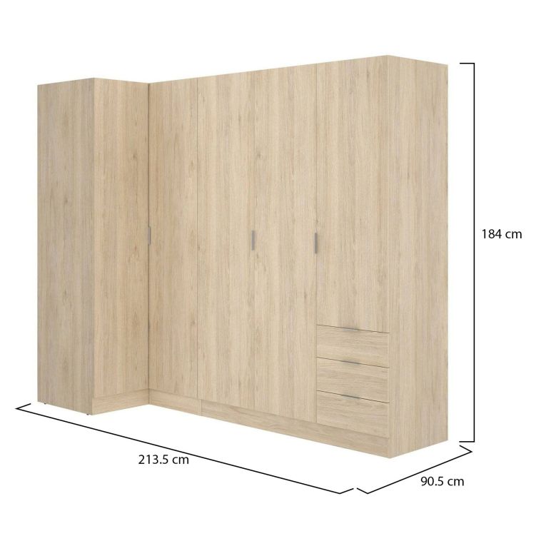 Guardaroba Succiso, Mobile angolare per camera da letto, Armadio appendiabiti ad angolo a 5 ante battenti, 214x91h184 cm, Rovere