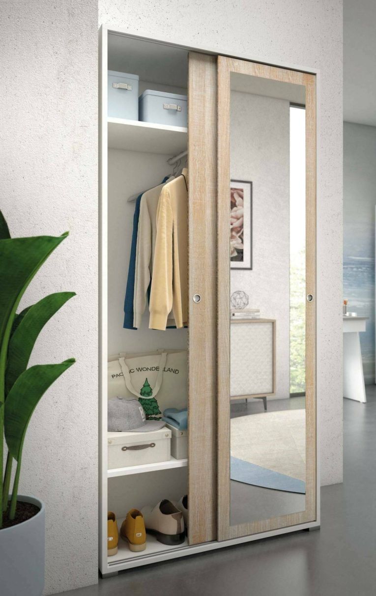 Guardaroba Tulipano, Armadio a 2 ante scorrevoli e specchio, Mobile con barra appendiabiti e ripiani, 100% Made in Italy, 90x45h195 cm, Rovere e Bianco