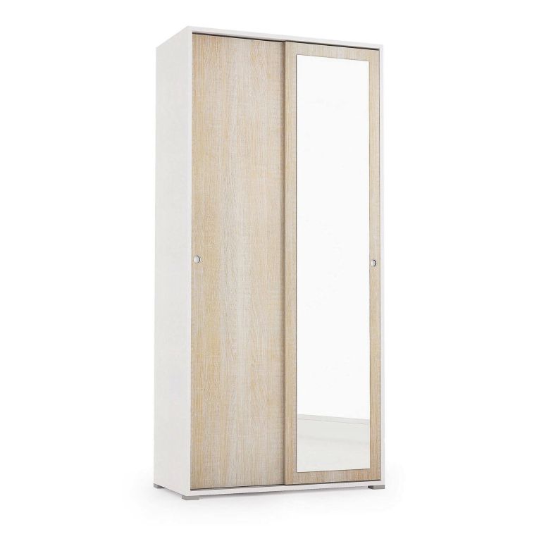 Guardaroba Tulipano, Armadio a 2 ante scorrevoli e specchio, Mobile con barra appendiabiti e ripiani, 100% Made in Italy, 90x45h195 cm, Rovere e Bianco