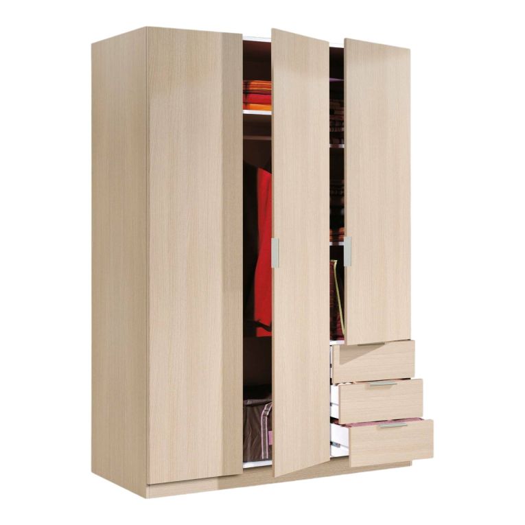 Guardaroba Warren, Armadio per camera da letto a 3 ante e 3 cassetti, Mobile con 3 ripiani e barra appendiabiti, 121x52h180 cm, Rovere