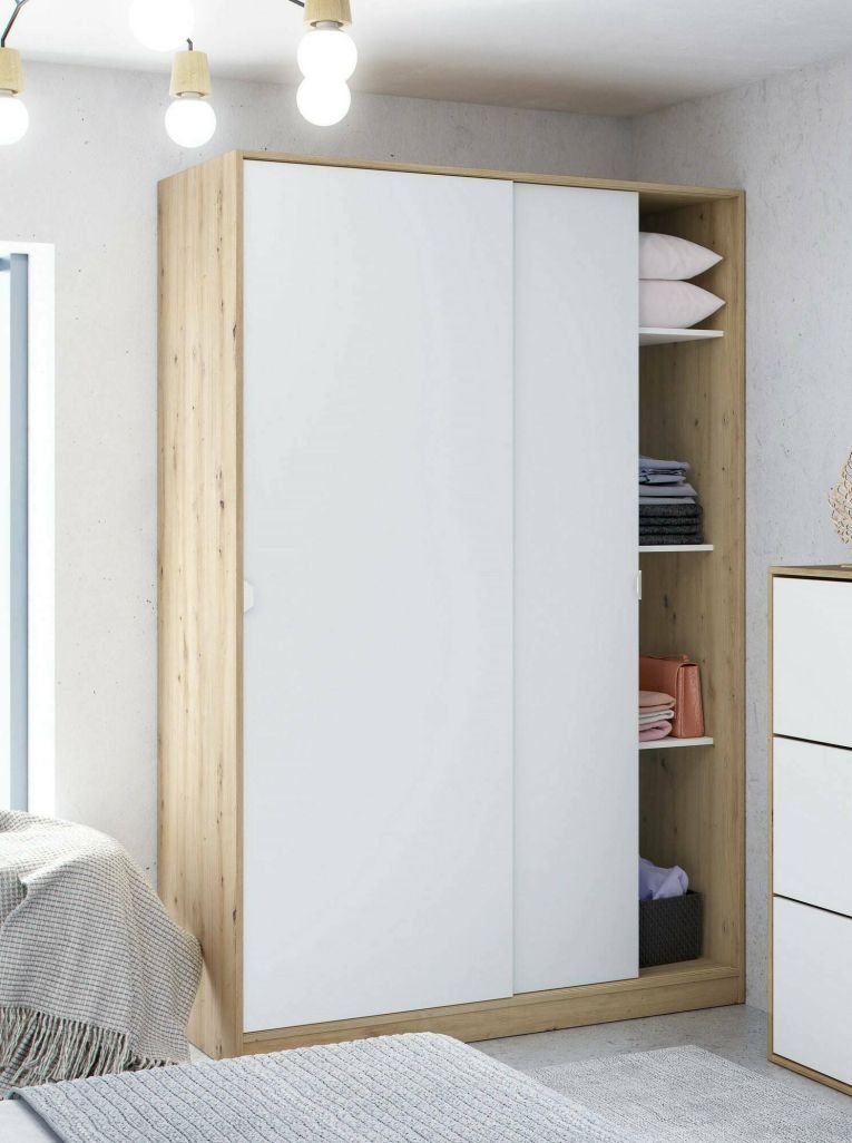Guardaroba Waterbury, Armadio per camera da letto a 2 ante scorrevoli, Mobile con 3 ripiani e barra appendiabiti, 120x50h200 cm, Bianco e Rovere Nodi