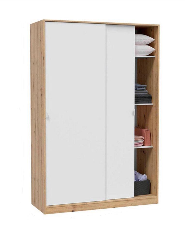 Guardaroba Waterbury, Armadio per camera da letto a 2 ante scorrevoli, Mobile con 3 ripiani e barra appendiabiti, 120x50h200 cm, Bianco e Rovere Nodi