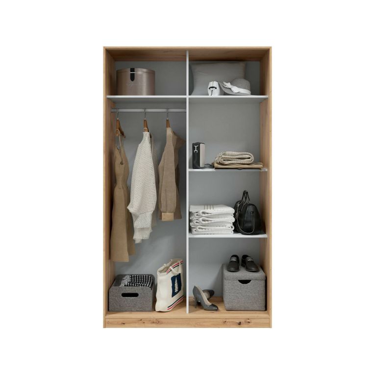 Guardaroba Waterbury, Armadio per camera da letto a 2 ante scorrevoli, Mobile con 3 ripiani e barra appendiabiti, 120x50h200 cm, Bianco e Rovere Nodi