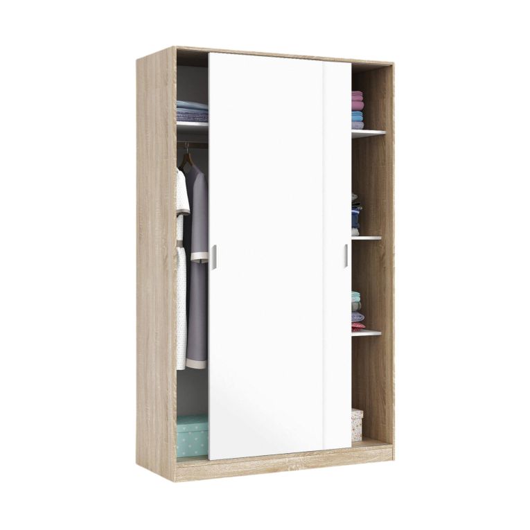 Guardaroba Waterbury, Armadio per camera da letto a 2 ante scorrevoli, Mobile con 3 ripiani e barra appendiabiti, 120x50h200 cm, Rovere e Bianco