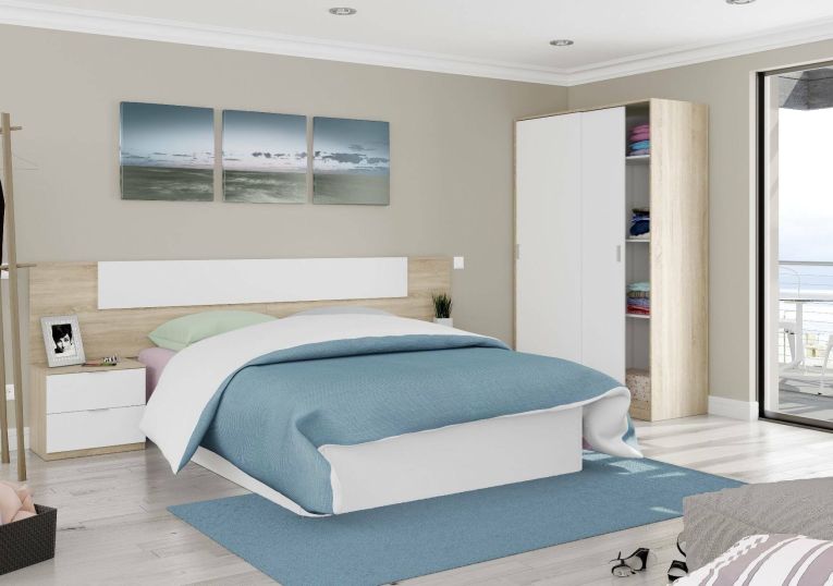 Guardaroba Waterbury, Armadio per camera da letto a 2 ante scorrevoli, Mobile con 3 ripiani e barra appendiabiti, 120x50h200 cm, Rovere e Bianco