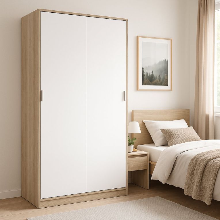 Guardaroba Waterbury, Armadio per camera da letto a 2 ante scorrevoli, Mobile con 3 ripiani e barra appendiabiti, 120x50h200 cm, Rovere e Bianco