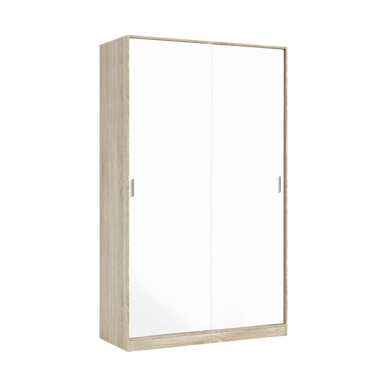 Guardaroba Waterbury, Armadio per camera da letto a 2 ante scorrevoli, Mobile con 3 ripiani e barra appendiabiti, 120x50h200 cm, Rovere e Bianco