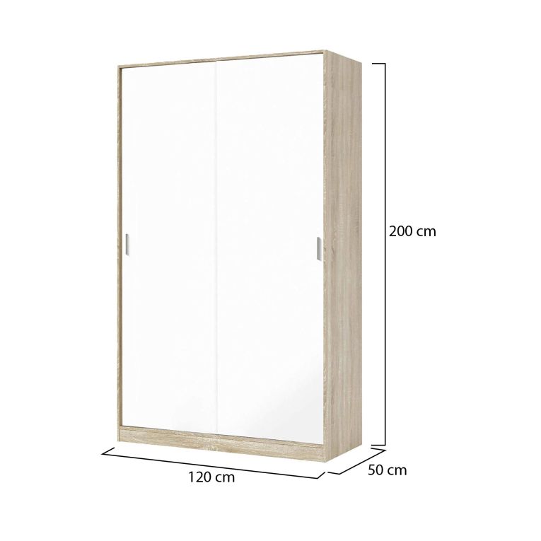 Guardaroba Waterbury, Armadio per camera da letto a 2 ante scorrevoli, Mobile con 3 ripiani e barra appendiabiti, 120x50h200 cm, Rovere e Bianco