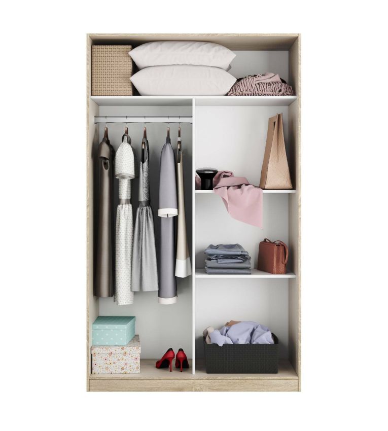 Guardaroba Waterbury, Armadio per camera da letto a 2 ante scorrevoli, Mobile con 3 ripiani e barra appendiabiti, 120x50h200 cm, Rovere e Bianco