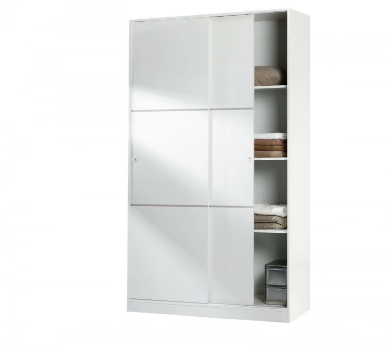Guardaroba Waterbury, Armadio per camera da letto a 2 ante scorrevoli, Mobile con 4 ripiani e barra appendiabiti, 120x50h200 cm, Bianco lucido