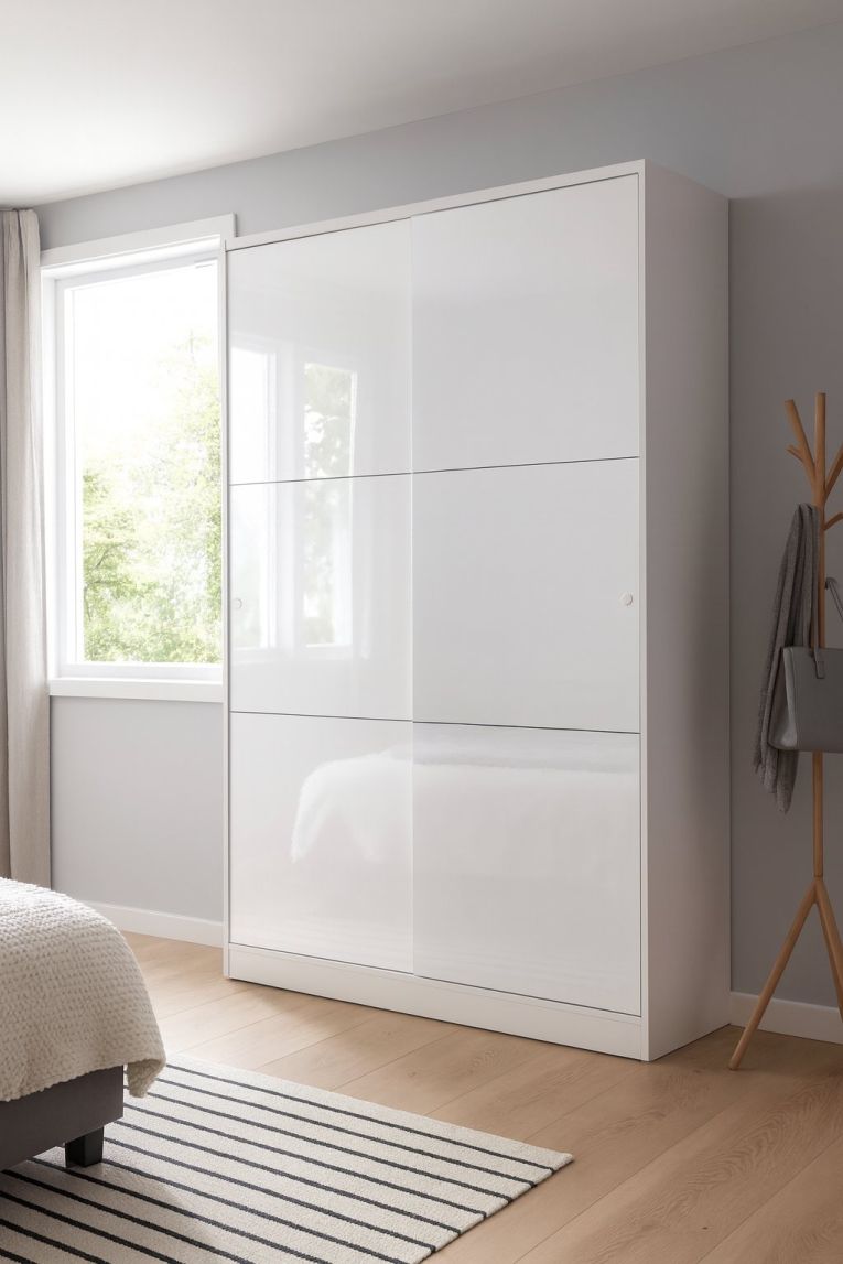 Guardaroba Waterbury, Armadio per camera da letto a 2 ante scorrevoli, Mobile con 4 ripiani e barra appendiabiti, 120x50h200 cm, Bianco lucido