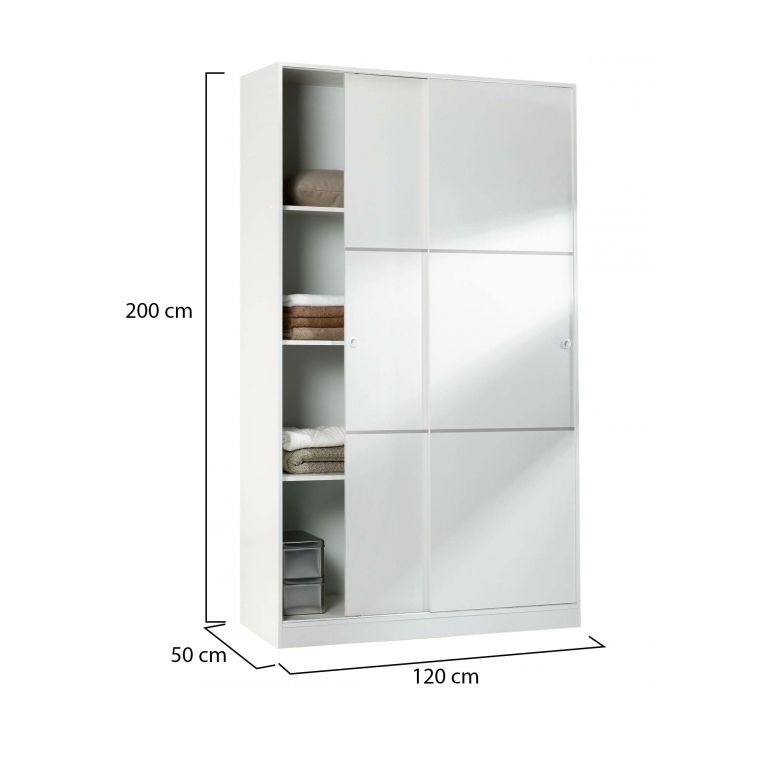 Guardaroba Waterbury, Armadio per camera da letto a 2 ante scorrevoli, Mobile con 4 ripiani e barra appendiabiti, 120x50h200 cm, Bianco lucido
