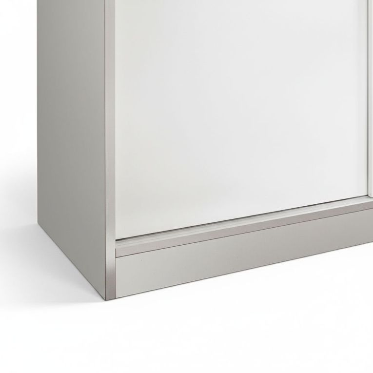 Guardaroba Waterbury, Armadio per camera da letto a 2 ante scorrevoli, Mobile con 4 ripiani e barra appendiabiti, 120x50h200 cm, Bianco lucido