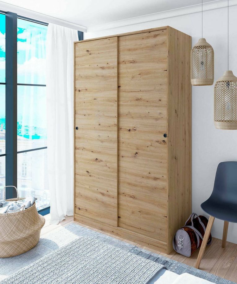 Guardaroba Waterbury, Armadio per camera da letto a 2 ante scorrevoli, Mobile con 4 ripiani e barra appendiabiti, 120x50h200 cm, Rovere Nodi