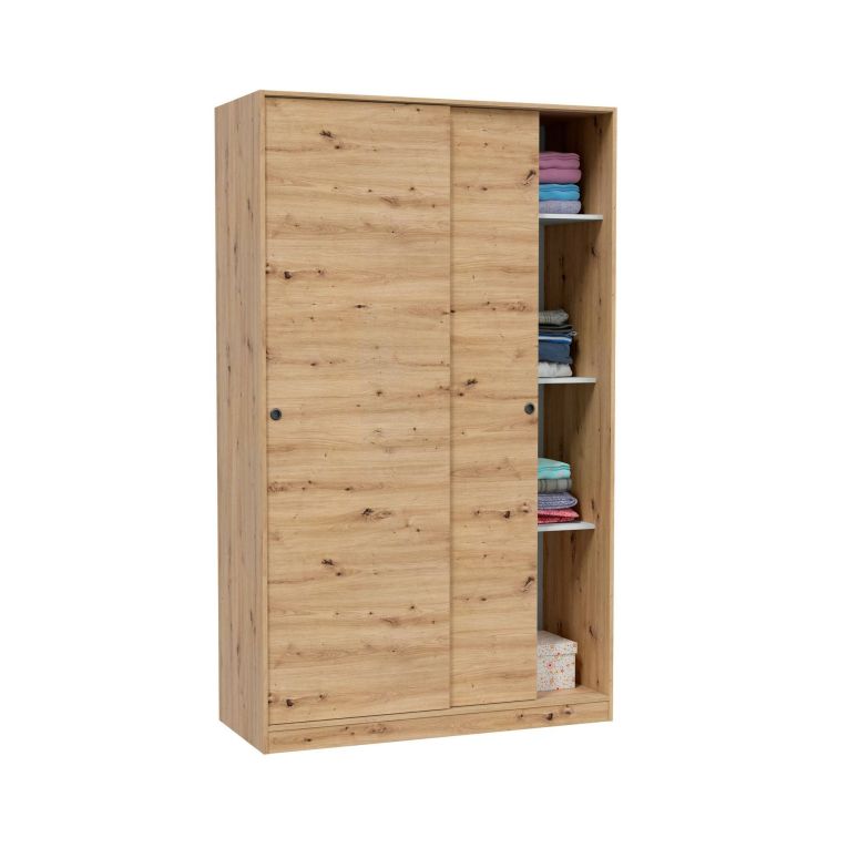 Guardaroba Waterbury, Armadio per camera da letto a 2 ante scorrevoli, Mobile con 4 ripiani e barra appendiabiti, 120x50h200 cm, Rovere Nodi
