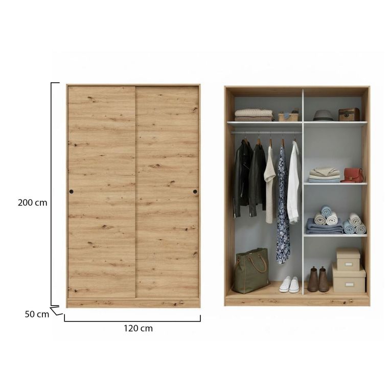 Guardaroba Waterbury, Armadio per camera da letto a 2 ante scorrevoli, Mobile con 4 ripiani e barra appendiabiti, 120x50h200 cm, Rovere Nodi