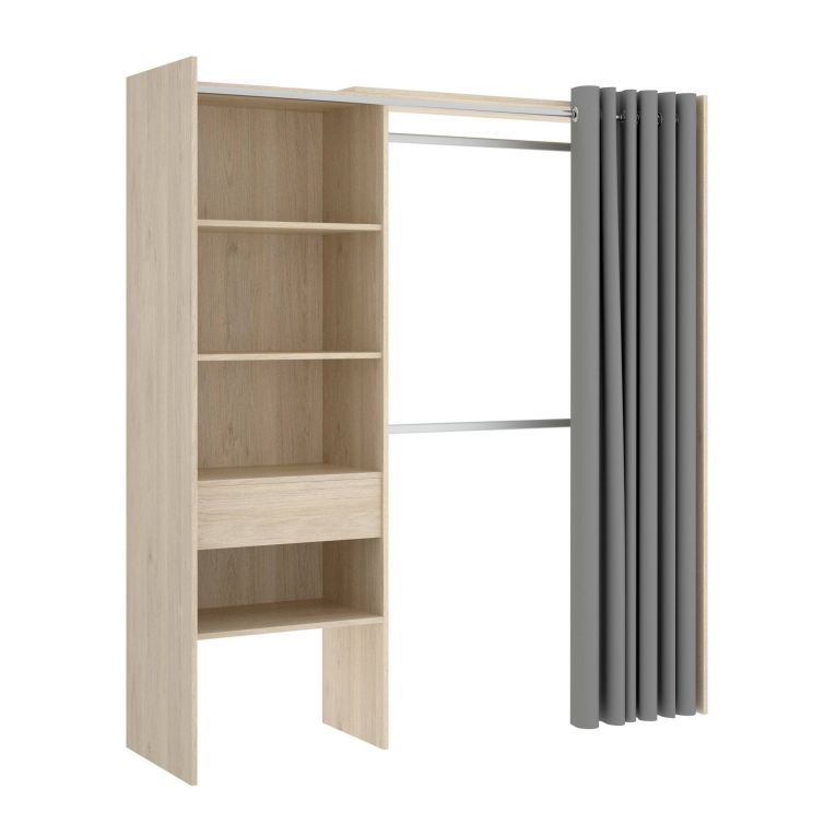 Guardaroba Wetterhorn, Struttura per cabina armadio con tenda, Mobile appendiabiti aperto, 160x50h203 cm, Rovere
