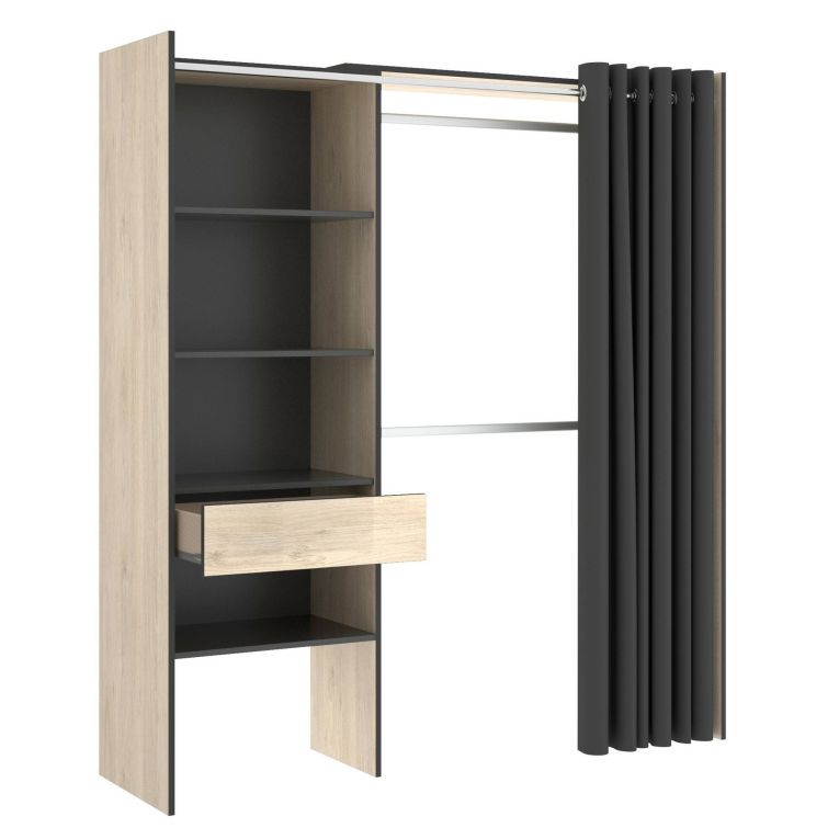 Guardaroba Wetterhorn, Struttura per cabina armadio con tenda, Mobile appendiabiti aperto, 160x50h205 cm, Rovere e Antracite