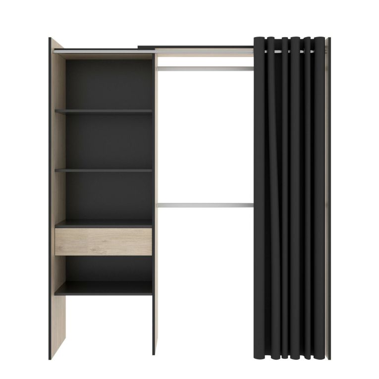 Guardaroba Wetterhorn, Struttura per cabina armadio con tenda, Mobile appendiabiti aperto, 160x50h205 cm, Rovere e Antracite
