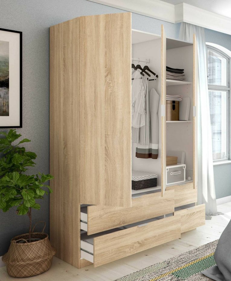Guardaroba Weymouth, Mobile camera da letto a 3 ante e 2 cassetti, Armadio appendiabiti, 135x52h200 cm, Rovere