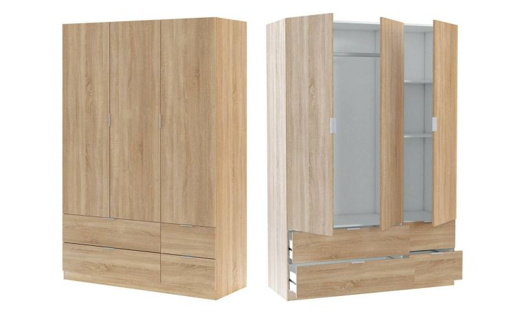 Guardaroba Weymouth, Mobile camera da letto a 3 ante e 2 cassetti, Armadio appendiabiti, 135x52h200 cm, Rovere