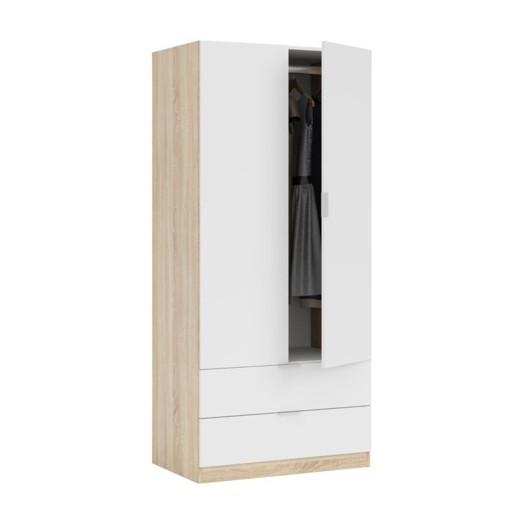 Guardaroba Worcester, Armadio per camera da letto a 2 ante e 2 cassetti, Mobile con barra appendiabiti, 82x52h180 cm, Bianco e Rovere