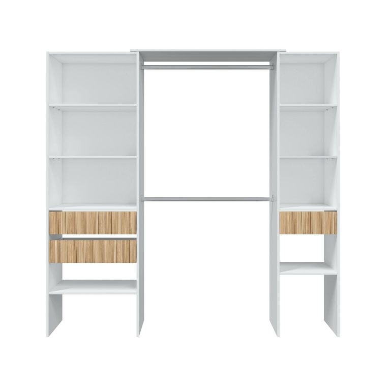 Guardaroba Worland, Mobile camera da letto, Armadio appendiabiti con ripiani e 3 cassetti, 196x40h187 cm, Bianco e Rovere