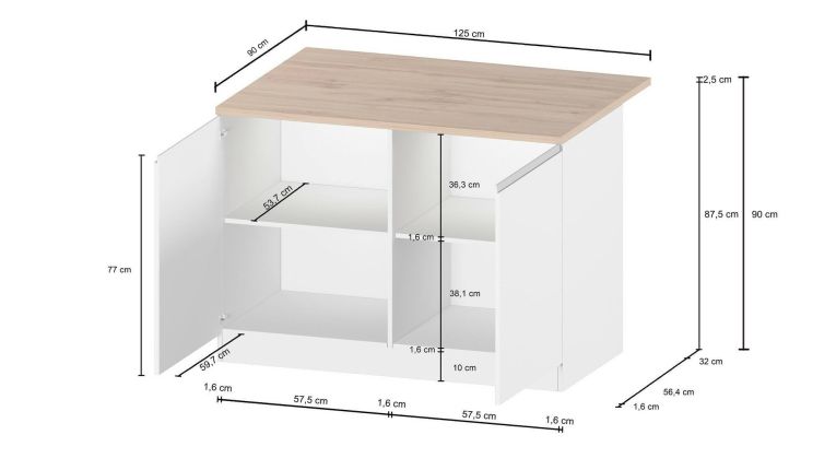 Isola cucina classica con piano snack 125x90x90h cm bianca lucida e ardesia - Analiza