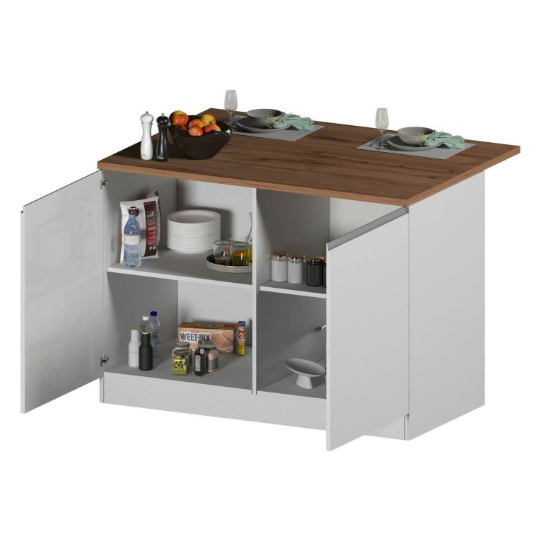 Isola cucina compatta per piccoli spazi 125x90x90h cm bianca lucida e rovere - Analiza
