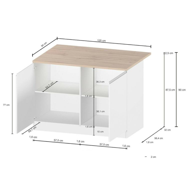 Isola cucina compatta per piccoli spazi 125x90x90h cm bianca lucida e rovere - Analiza