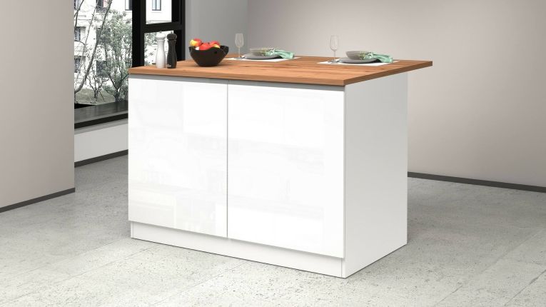 Isola cucina compatta per piccoli spazi 125x90x90h cm bianca lucida e rovere - Analiza