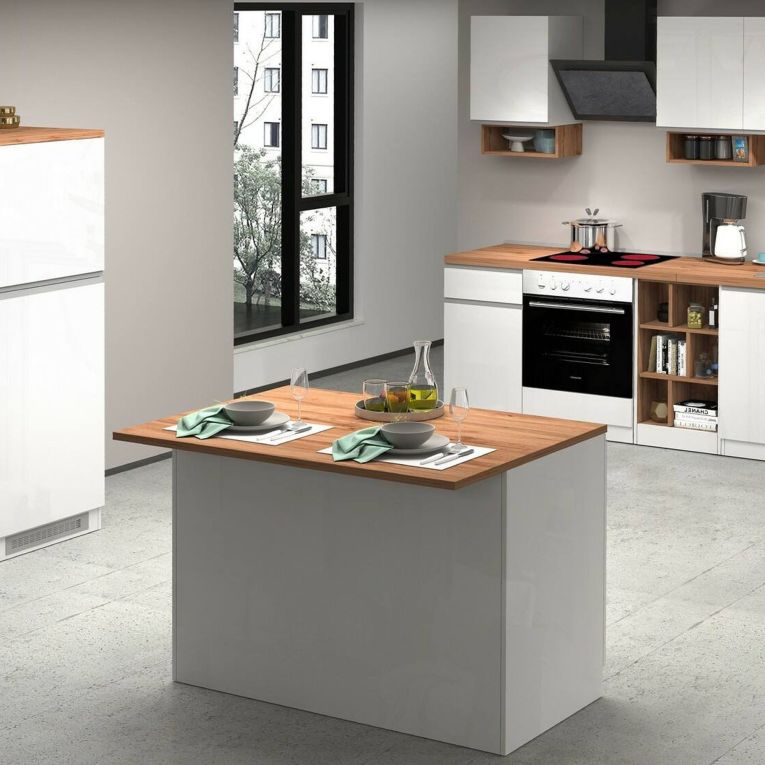 Isola cucina compatta per piccoli spazi 125x90x90h cm bianca lucida e rovere - Analiza