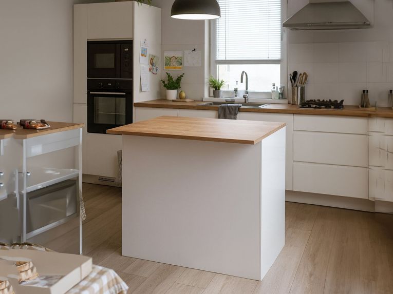 Isola cucina compatta per piccoli spazi 125x90x90h cm bianca lucida e rovere - Analiza