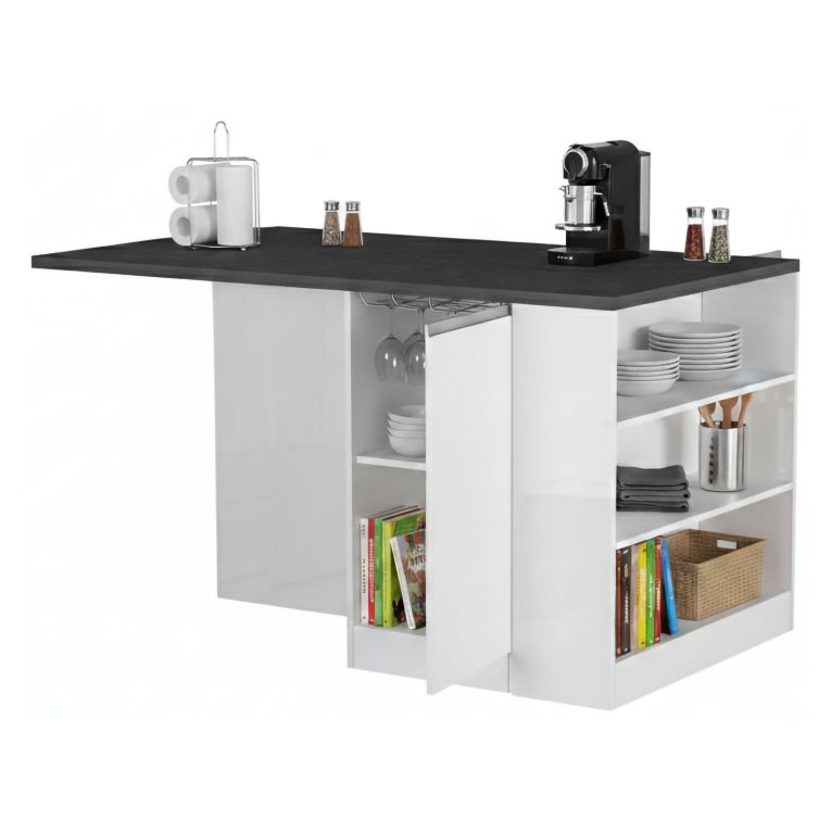 Isola cucina con piano lavoro ampio 160x90x90h cm bianca lucida e ardesia - Abern