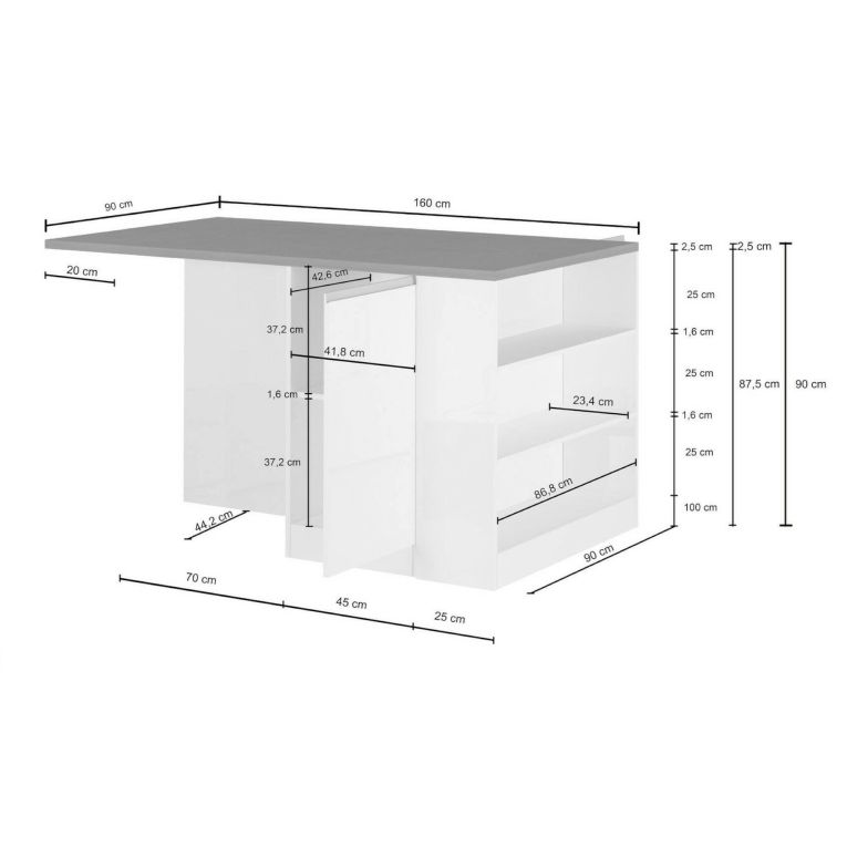 Isola cucina con piano lavoro ampio 160x90x90h cm bianca lucida e ardesia - Abern